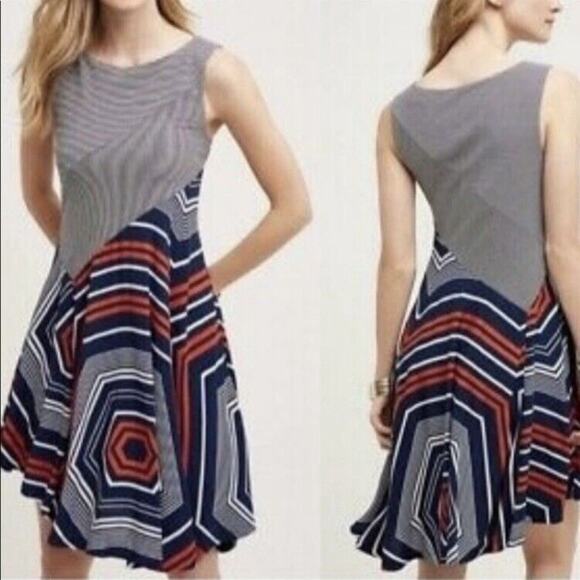 Anthropologie Maeve Dress Medium Blue Red Sleeveless Cameron Asymmetric Swing - Picture 2 of 9